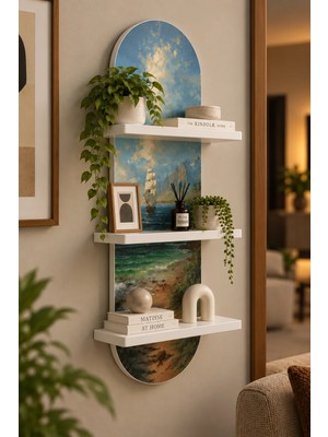 Onyxlab Kıyıda Büyük Yelkenli Gemi Temalı 3 Raflı Oval Duvar Rafı, 70 x 25 Cm, Mdf