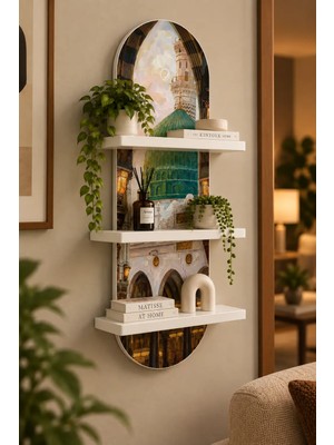 Onyxlab Yeşil Kubbeli ve Minareli Tarihi Yapı Temalı 3 Raflı Oval Duvar Rafı, 70 x 25 Cm, Mdf