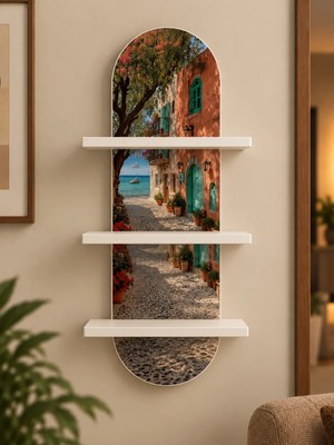 Onyxlab Yeşil Kapılı Taş Sokak ve Deniz Temalı 3 Raflı Oval Duvar Rafı, 70 x 25 Cm, Mdf
