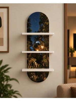 Onyxlab Gece Ormanında Işıklı Yansıtıcı Küre Temalı 3 Raflı Oval Duvar Rafı, 70 x 25 Cm, Mdf