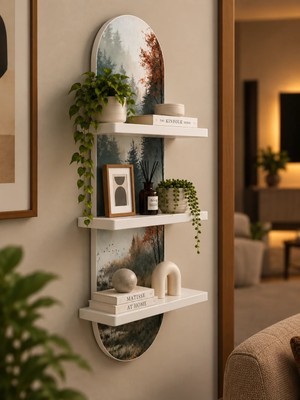 Soprano Sisli Sonbahar Ormanı Temalı 3 Raflı Oval Duvar Rafı, 70 x 25 Cm, Mdf