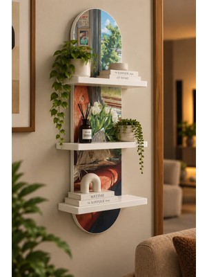 Soprano Tren Koltuğunda Kitap ve Beyaz Laleler Temalı 3 Raflı Oval Duvar Rafı, 70 x 25 Cm, Mdf