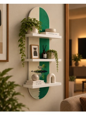 Onyxlab Yeşil Krem Manzarada Küçük Ada Evi Temalı 3 Raflı Oval Duvar Rafı, 70 x 25 Cm, Mdf