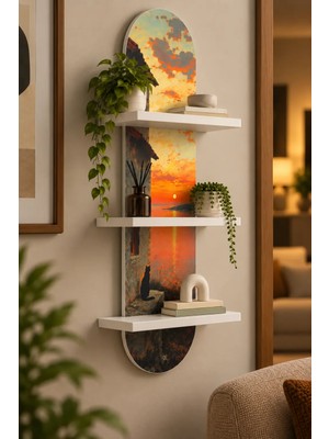 Soprano Gün Batımında Deniz ve Kıyı Evi Temalı 3 Raflı Oval Duvar Rafı, 70 x 25 Cm, Mdf