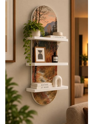 Onyxlab Sonbahar Ağaçları Arasında Dağ Deresi Temalı 3 Raflı Oval Duvar Rafı, 70 x 25 Cm, Mdf