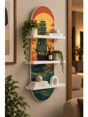 Soprano Gün Batımında Dalgalı Denizde Gemi Temalı 3 Raflı Oval Duvar Rafı, 70 x 25 Cm, Mdf