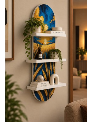 Onyxlab Mavi Altın Gökyüzü ve Buğday Başakları Temalı 3 Raflı Oval Duvar Rafı, 70 x 25 Cm, Mdf
