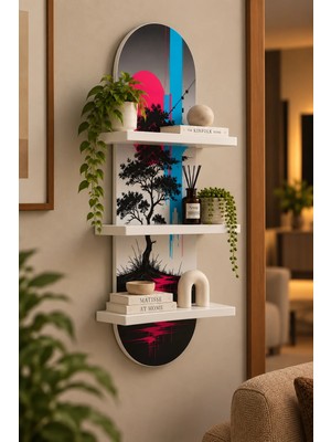 Onyxlab Pembe Güneş ve Siyah Ağaç Silüeti Temalı 3 Raflı Oval Duvar Rafı, 70 x 25 Cm, Mdf