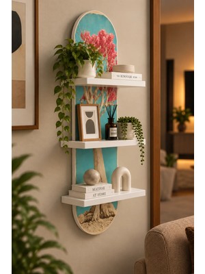 Onyxlab Turkuaz Fonda Pembe Çiçekli Ağaç Temalı 3 Raflı Oval Duvar Rafı, 70 x 25 Cm, Mdf