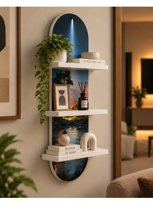 Onyxlab Işık Huzmeli Göl ve Ağaç Manzarası Temalı 3 Raflı Oval Duvar Rafı, 70 x 25 Cm, Mdf