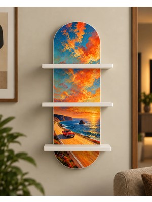 Onyxlab Gün Batımında Sahil Yolu ve Otomobil Temalı 3 Raflı Oval Duvar Rafı, 70 x 25 Cm, Mdf