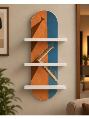 Onyxlab Turuncu Mavi Duvar ve Geometrik Merdiven Temalı 3 Raflı Oval Duvar Rafı, 70 x 25 Cm, Mdf