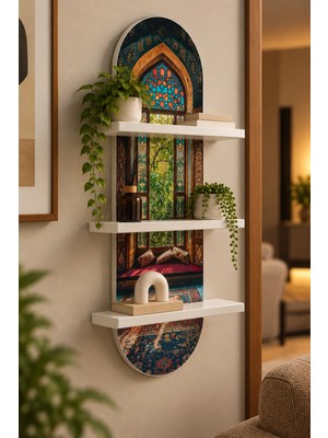 Onyxlab Vitraylı Pencere ve Desenli Halı Temalı 3 Raflı Oval Duvar Rafı, 70 x 25 Cm, Mdf