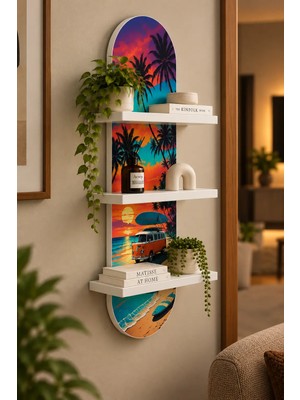 Onyxlab Tropik Sahilde Turuncu Minibüs Temalı 3 Raflı Oval Duvar Rafı, 70 x 25 Cm, Mdf