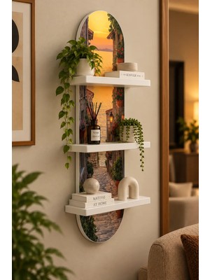 Onyxlab Gün Batımına Açılan Taş Sokak Temalı 3 Raflı Oval Duvar Rafı, 70 x 25 Cm, Mdf