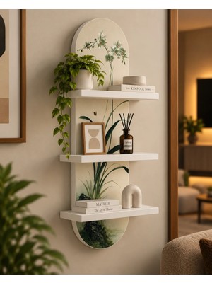 Onyxlab Krem Fonda Ince Yapraklı Bitki Temalı 3 Raflı Oval Duvar Rafı, 70 x 25 Cm, Mdf