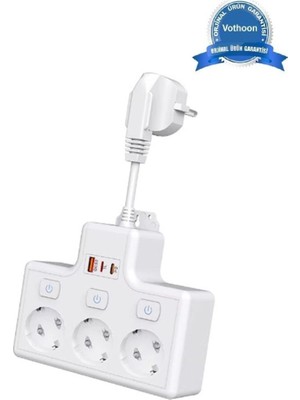 sbodurhome Termal Akım Korumalı 3’lü Duvar Tipi Priz 1x USB 2x Type-C Çıkışlı Grup Priz Çoğaltıcı