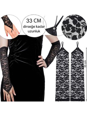 Pandoli Halloween Retro Vintage Siyah Renk Dirsekten Dantelli Parmağa Takılan Yetişkin Eldiveni 33 cm 1 Çift