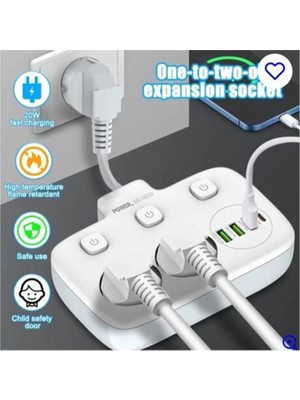 sbodurhome Akım Korumalı 2’li Ayrı Anahtarlı Priz, 2x Priz, 3x Usb, 1x Type-C, 2 mt Kablo, Hızlı Şarj