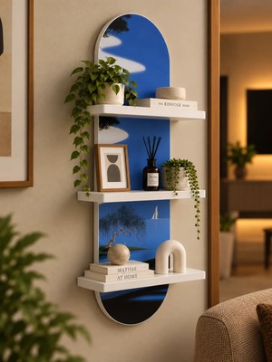 Onyxlab Mavi Manzarada Ağaç ve Yelkenli Temalı 3 Raflı Oval Duvar Rafı, 70 x 25 Cm, Mdf
