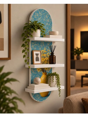 Onyxlab Mavi Fonda Sarı Vazo ve Çiçekler Temalı 3 Raflı Oval Duvar Rafı, 70 x 25 Cm, Mdf