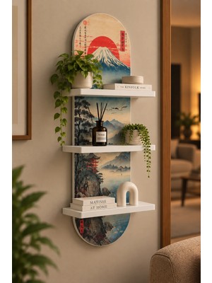 Onyxlab Kırmızı Güneşli Japon Dağ Manzarası Temalı 3 Raflı Oval Duvar Rafı, 70 x 25 Cm, Mdf