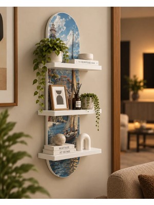 Onyxlab Minareli Kıyı Kasabası ve Yelkenli Temalı 3 Raflı Oval Duvar Rafı, 70 x 25 Cm, Mdf