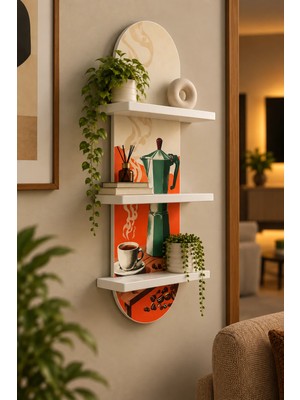 Onyxlab Yeşil Cezve ve Kahve Fincanı Temalı 3 Raflı Oval Duvar Rafı, 70 x 25 Cm, Mdf