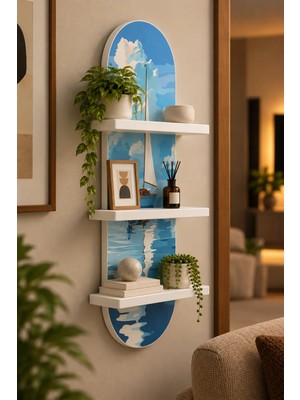 Onyxlab Durgun Denizde Beyaz Yelkenli Temalı 3 Raflı Oval Duvar Rafı, 70 x 25 Cm, Mdf
