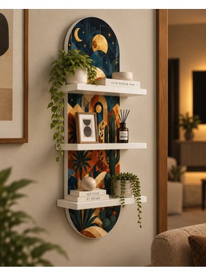Onyxlab Geometrik Çöl Bitkileri ve Aylar Temalı 3 Raflı Oval Duvar Rafı, 70 x 25 Cm, Mdf