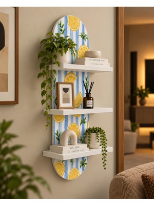 Onyxlab Mavi Beyaz Çizgilerde Limon Dilimleri Temalı 3 Raflı Oval Duvar Rafı, 70 x 25 Cm, Mdf