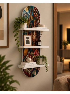 Onyxlab Geometrik Desenli Geleneksel Natürmort Temalı 3 Raflı Oval Duvar Rafı, 70 x 25 Cm, Mdf
