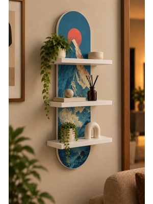 Onyxlab Kırmızı Güneş ve Karlı Dağ Temalı 3 Raflı Oval Duvar Rafı, 70 x 25 Cm, Mdf