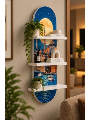 Onyxlab Dolunay Altında Kubbe ve Minareler Temalı 3 Raflı Oval Duvar Rafı, 70 x 25 Cm, Mdf