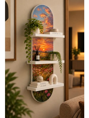 Onyxlab Gün Batımında Çiçekli Çayır Temalı 3 Raflı Oval Duvar Rafı, 70 x 25 Cm, Mdf