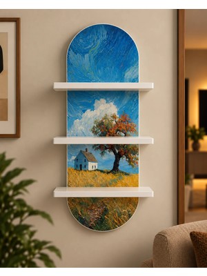 Onyxlab Mavi Gökyüzü Altında Kır Evi ve Ağaç Temalı 3 Raflı Oval Duvar Rafı, 70 x 25 Cm, Mdf