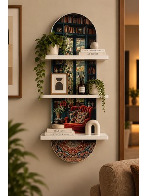 Onyxlab Kitaplık Önünde Kırmızı Berjer Temalı 3 Raflı Oval Duvar Rafı, 70 x 25 Cm, Mdf