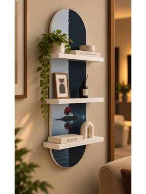 Onyxlab Minimalist Adada Ev ve Kırmızı Ağaç Temalı 3 Raflı Oval Duvar Rafı, 70 x 25 Cm, Mdf
