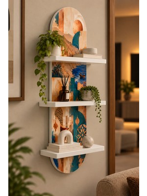 Onyxlab Sıcak Tonlarda Mimari Kolaj Temalı 3 Raflı Oval Duvar Rafı, 70 x 25 Cm, Mdf