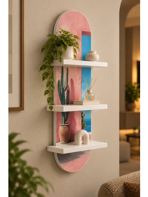 Onyxlab Pembe Duvarda Kaktüs ve Deniz Temalı 3 Raflı Oval Duvar Rafı, 70 x 25 Cm, Mdf
