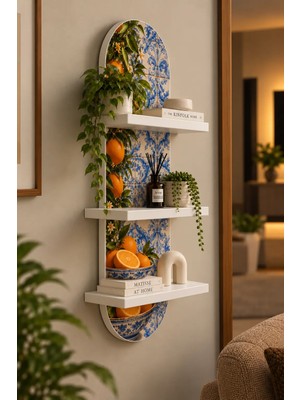 Onyxlab Mavi Beyaz Çiniler ve Portakallar Temalı 3 Raflı Oval Duvar Rafı, 70 x 25 Cm, Mdf