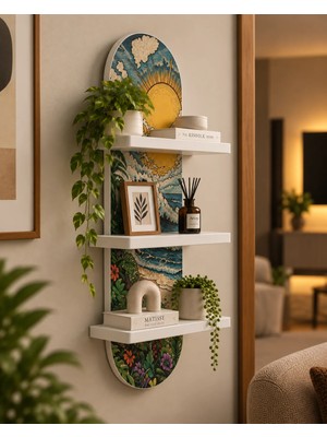 Onyxlab Büyük Dalga ve Tropik Sahil Temalı 3 Raflı Oval Duvar Rafı, 70 x 25 Cm, Mdf