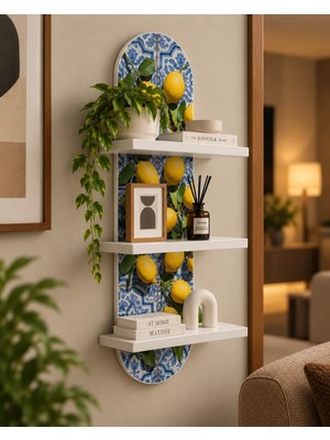 Soprano Mavi Beyaz Çiniler ve Limon Dalları Temalı 3 Raflı Oval Duvar Rafı, 70 x 25 Cm, Mdf