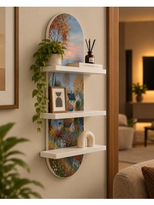 Soprano Çiçekli Bahçe ve Kır Evleri Temalı 3 Raflı Oval Duvar Rafı, 70 x 25 Cm, Mdf