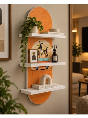 Onyxlab Turuncu Fonda Minibüs ve Palmiyeler Temalı 3 Raflı Oval Duvar Rafı, 70 x 25 Cm, Mdf