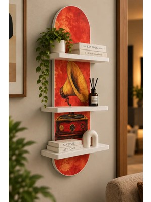 Soprano Kırmızı Fonda Vintage Gramofon Temalı 3 Raflı Oval Duvar Rafı, 70 x 25 Cm, Mdf