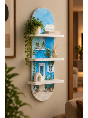 Soprano Mavi Sahil Evi ve Bisiklet Temalı 3 Raflı Oval Duvar Rafı, 70 x 25 Cm, Mdf