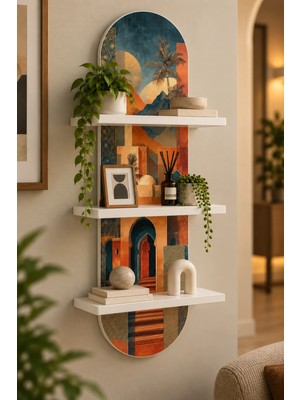 Soprano Geometrik Kemerler ve Mimari Kolaj Temalı 3 Raflı Oval Duvar Rafı, 70 x 25 Cm, Mdf