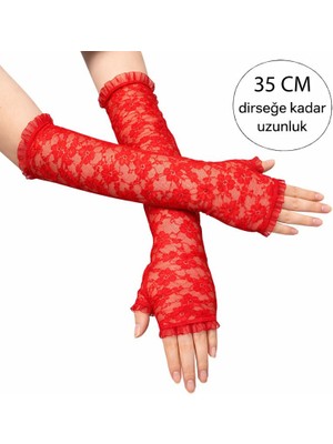 Pandoli Halloween Retro Vintage Kırmızı Renk Dirsekten Dantelli Parmaksız Yetişkin Eldiveni 35 cm 1 Çift