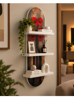 Soprano Koyu Vazoda Kırmızı Çiçekler Temalı 3 Raflı Oval Duvar Rafı, 70 x 25 Cm, Mdf